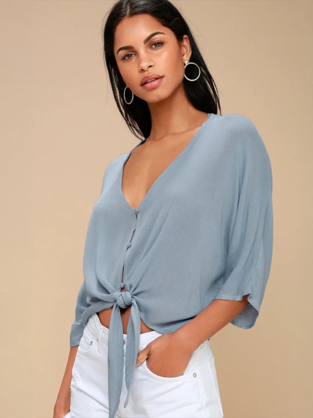 Lulu's Abrielle Light Blue Tie-Front Button-Up Top - Small (Fits Like a Medium)